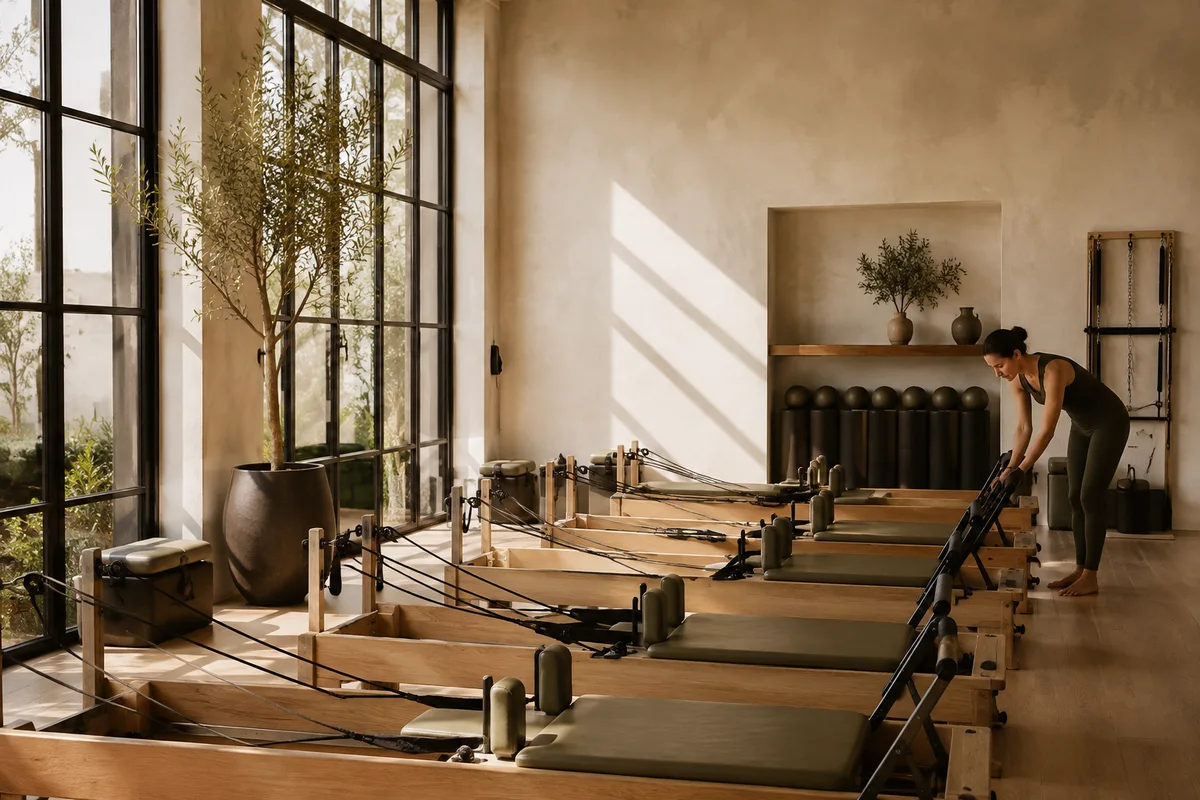 An illustrated boutique Pilates studio with oak reformers and warm morning light